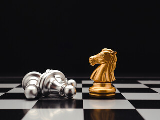 Chess pieces on board game planning and competition on black background