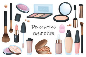 Decorative cosmetics elements isolated set. Bundle of various cosmetic products - eyeshadow, mascara, lipstick, lip gloss, foundation, brushes and other. Vector illustration in flat cartoon design