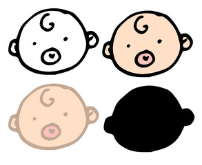 a set of icons of a newborn baby's head in white. a child's face with a curl of hair with a pacifier in his mouth, hand-drawn in the style of a doodle isolated black counter and silhouette for a logo 
