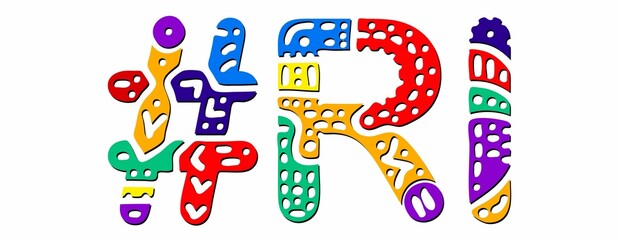 RI Hashtag. Multicolored bright isolate curves doodle letters. Hashtag #RI is abbreviation for the US American state Rhode Island for social network, web resources, mobile apps.