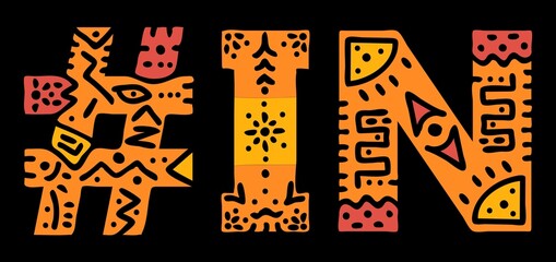 IN Hashtag. Multicolored bright isolate curves doodle letters. Hashtag #IN is abbreviation for the US American Indiana for social network, web resources, mobile apps.