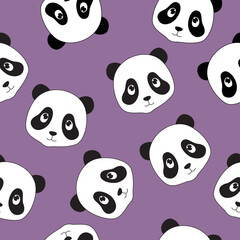 Print. Purple background with cute pandas. Cartoon pandas. Panda face pattern.