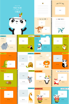 Print. Photo book with cartoon animals for the children, "the first year of the child". Frames, stickers, poster, postcard, cover. Kangaroo, bear,panda, whale, summer, tropics. cartoon characte