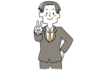 ピースサインを突き出しているスーツの男性　前向きなアクション