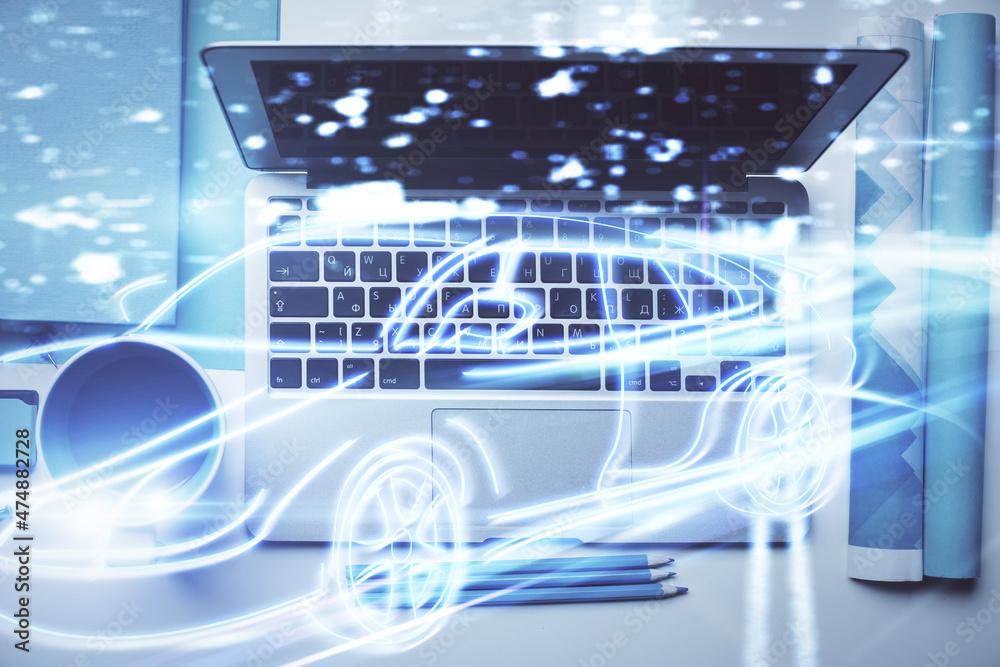 Aufkleber Auto pilot hologram drawing over computer on the desktop background. Top view. Double exposure. Tech concept.