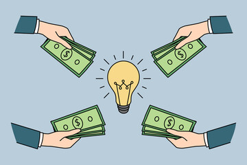 Investing money in good idea concept. Hands of investors business people giving money putting cash dollars to great business idea for development vector illustration 