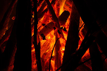 Fire, embers glow red flame, wood flames burning, heat embers