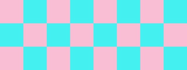 Checkerboard banner. Cyan and Pink colors of checkerboard. Big squares, big cells. Chessboard, checkerboard texture. Squares pattern. Background.