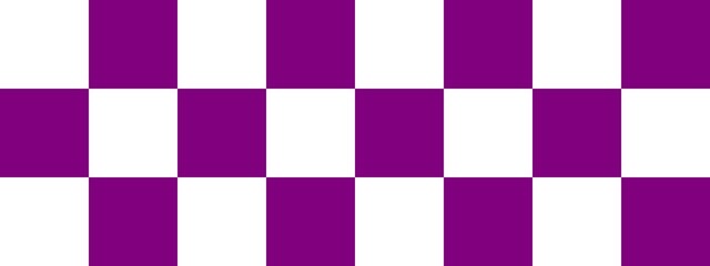 Checkerboard banner. Purple and White colors of checkerboard. Big squares, big cells. Chessboard, checkerboard texture. Squares pattern. Background.