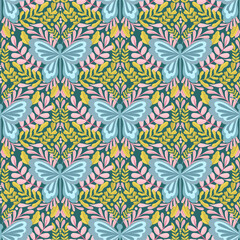 Butterfly and plant seamless pattern.Simple flat cute element insect.Cute cartoon design.