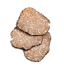 Slices of black truffle isolated on white, top view