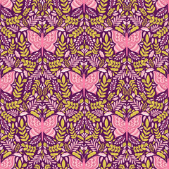 Butterfly and plant seamless pattern.Simple flat cute element insect.Cute cartoon design.