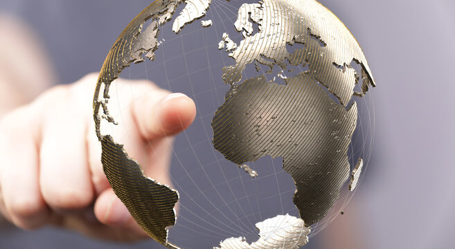 Digital hologram of the Earth with satellites on orbit. Digital globe with statistics data global