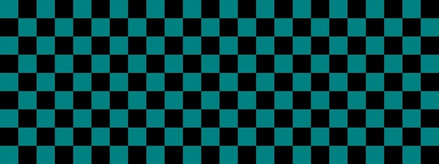 Checkerboard banner. Black and Teal colors of checkerboard. Small squares, small cells. Chessboard, checkerboard texture. Squares pattern. Background.