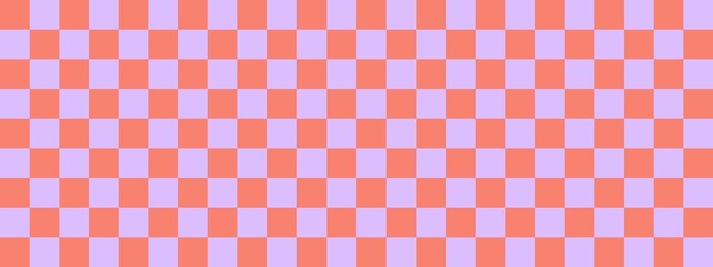 Checkerboard banner. Lavender and Salmon colors of checkerboard. Small squares, small cells. Chessboard, checkerboard texture. Squares pattern. Background.