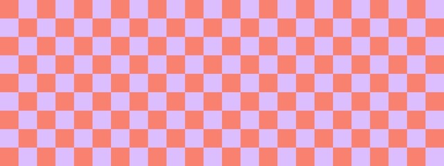 Checkerboard banner. Lavender and Salmon colors of checkerboard. Small squares, small cells. Chessboard, checkerboard texture. Squares pattern. Background.