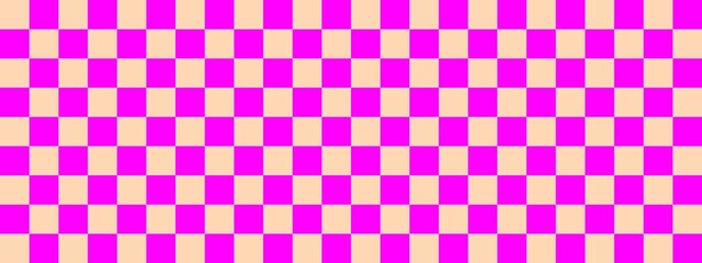 Checkerboard banner. Magenta and Apricot colors of checkerboard. Small squares, small cells. Chessboard, checkerboard texture. Squares pattern. Background.