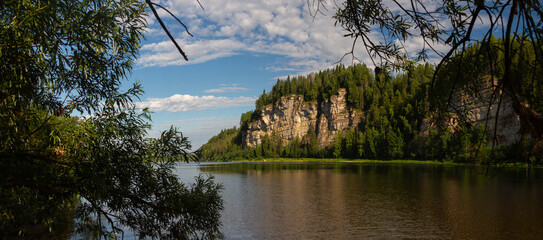 Panoramic view of the river and the rocks on a summer day. the Vishera River.Perm Region.Russia