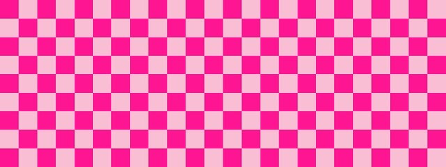 Checkerboard banner. Pink and Deep pink colors of checkerboard. Small squares, small cells. Chessboard, checkerboard texture. Squares pattern. Background.