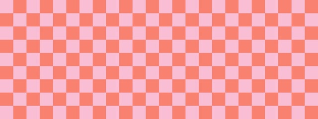 Checkerboard banner. Salmon and Pink colors of checkerboard. Small squares, small cells. Chessboard, checkerboard texture. Squares pattern. Background.