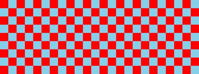Checkerboard banner. Sky blue and Red colors of checkerboard. Small squares, small cells. Chessboard, checkerboard texture. Squares pattern. Background.