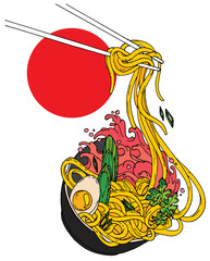 noodles in a plate with egg and onion