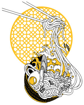 noodles in a plate with egg and onion