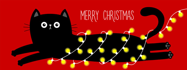 Merry Christmas. Cute lying cat. Christmas lights set. Lightbulb garland line fairy light. Kawaii cartoon baby character. Chilling kitten head face. Greeting card. Flat design. Red background.