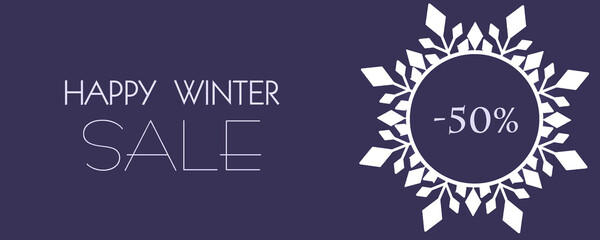 Banner with text sale and numbers on a purple background and a snowflake frame.