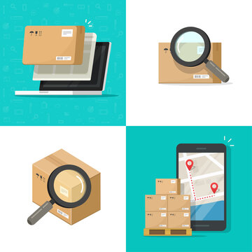 Track order delivery package vector or cargo product shipment and logistics online on mobile cell phone and computer online inspection flat cartoon illustration, freight parcel box search app