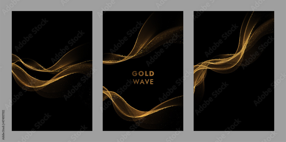 Poster Abstract Gold Waves. Shiny golden moving lines design element with glitter effect on dark background for greeting card and disqount voucher.