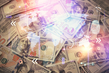 Double exposure of world map drawing over us dollars bill background. International concept.