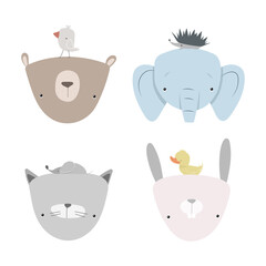 Cute hand drawn cartoon set of animals. Friendship concept with funny pet faces. Vector illustration isolated on white background.