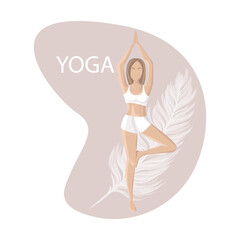 Yoga.An isolated athletic woman standing in an exercise balance position.Flat vector illustration.The girl is standing in the lotus position.