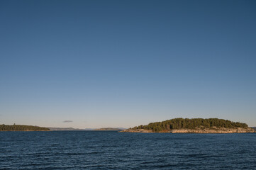 Landscape of trees on rocky islands in Lusefjord. Fjord cruise. Tourism in Norway. Beautiful nature on sunny day.