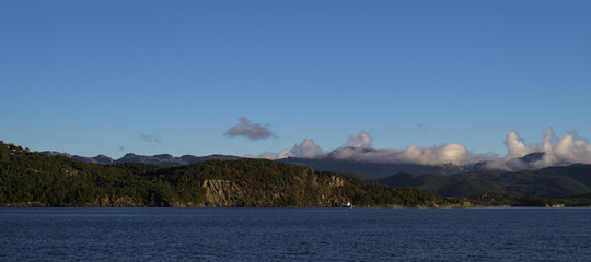 Landscape of trees on rocky islands in Lusefjord. Fjord cruise. Tourism in Norway. Beautiful nature on sunny day.