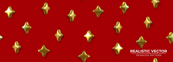 Seamless pattern with Golden Stars on luxury Red background. Elegant background with Golden Stars for Wrapping paper Festive backdrop with stars Exquisite decorative 3d render object. Realistic vector