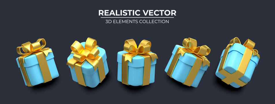 Set of Realistic 3d blue gift box with golden ribbons isolated on a dark background 3d render flying modern holiday surprise box. Festive decorative 3d render object Realistic vector decor