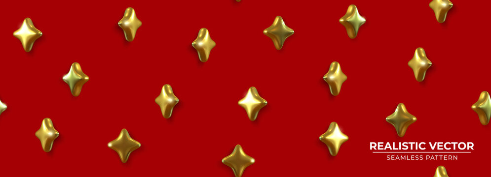 Seamless pattern with Golden Stars on luxury Red background. Elegant background with Golden Stars for Wrapping paper Festive backdrop with stars Exquisite decorative 3d render object. Realistic vector