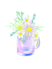 a bouquet of chamomile in a jar. Herbal engraved style illustration.