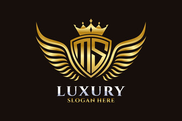 Luxury royal wing Letter MS crest Gold color Logo vector, Victory logo, crest logo, wing logo, vector logo template. - obrazy, fototapety, plakaty