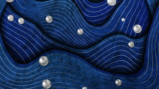 Grunge abstract blue silver motion background with waves and balls. Seamless looping. Video animation Ultra HD 4K 3840x2160