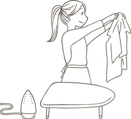 アイロンがけの出来栄えに満足する女性の線画