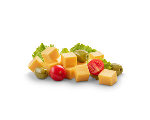 Cheese, olives and tomatoes isolated on white background