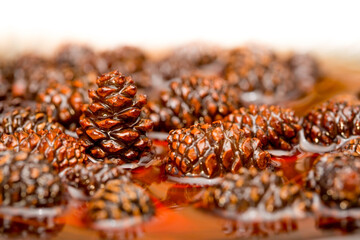 Young pine cones jam. Useful and tasty dessert. Traditional Siberian dessert - young pine cones jam. Glass ramekin of jam made from pine cones on a white background. on a white background
