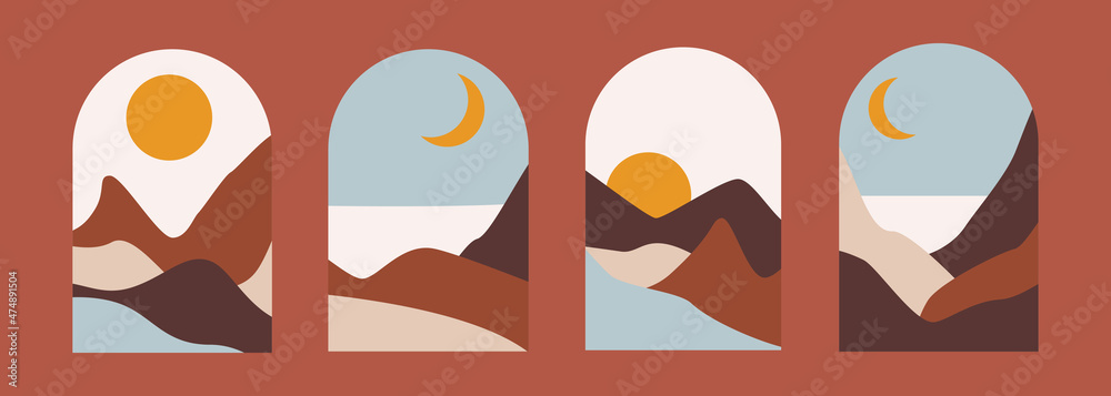 Poster abstract aesthetic set landscape posters in boho style. modern minimal colorful design background fo