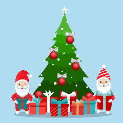 Santa Claus and Decorated Christmas tree. Merry Christmas and Happy New Year background. Vector illustration.