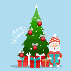 Santa Claus and Decorated Christmas tree. Merry Christmas and Happy New Year background. Vector illustration.