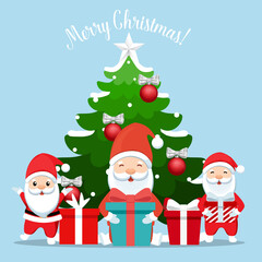 Fototapeta na wymiar Santa Claus and Decorated Christmas tree. Merry Christmas and Happy New Year background. Vector illustration.