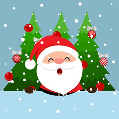 Santa Claus and Decorated Christmas tree. Merry Christmas and Happy New Year background. Vector illustration.